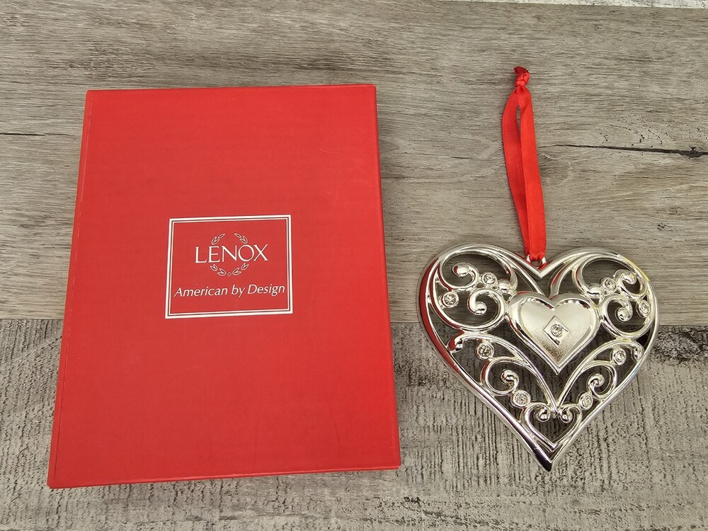 Lenox Sparkle And Scroll Clear Crystal Heart Ornament Silverplate W Box Vtg 277b